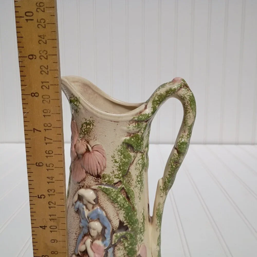 Vintage Handmade Pitcher Floral Relief Green Pink Majolica Style Victorian Vase